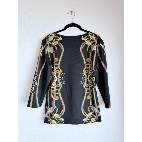 J.Mclaughlin Catalina Cloth Black & Gold Equestrian Print 3/4 Sleeve V-Neck Top - Picture 3 of 10